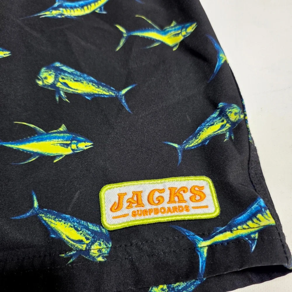 Jacks Surfboards Board Shorts Mens 36 Black Mahi Mahi Marlin Fish Print Trunks